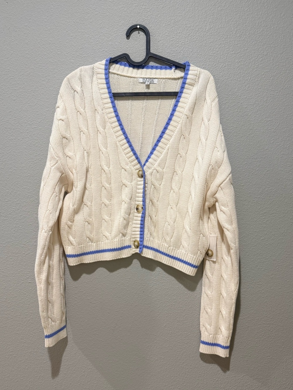 Major Cream Cable Knit Blue Trim Crop Button Down Cardigan Size M